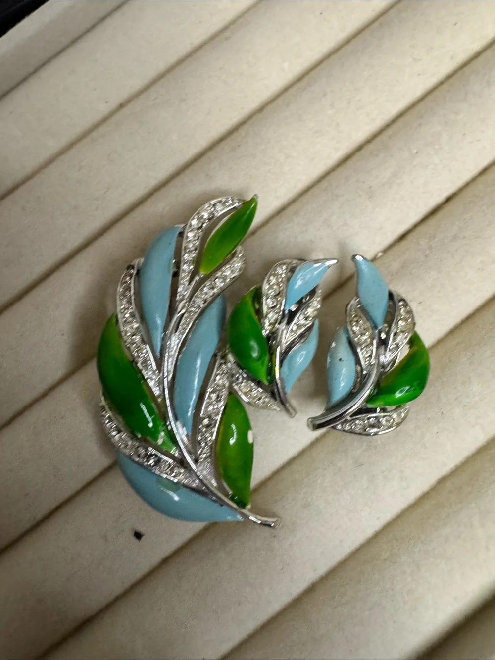 Vintage Blue and Green Leaf Brooch and Earring Set